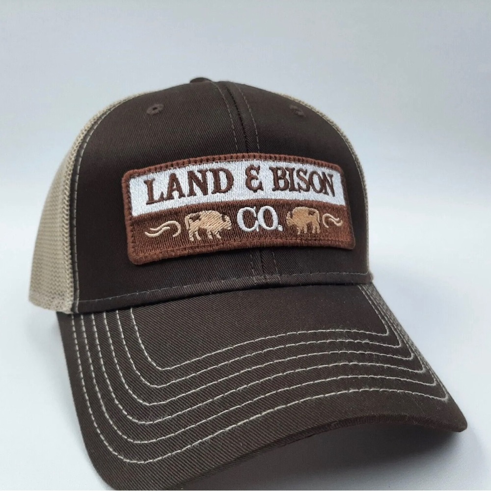 Land & Bison Embroidered Patch Cap Hat Curved Bill Trucker Mesh Snapback Brown